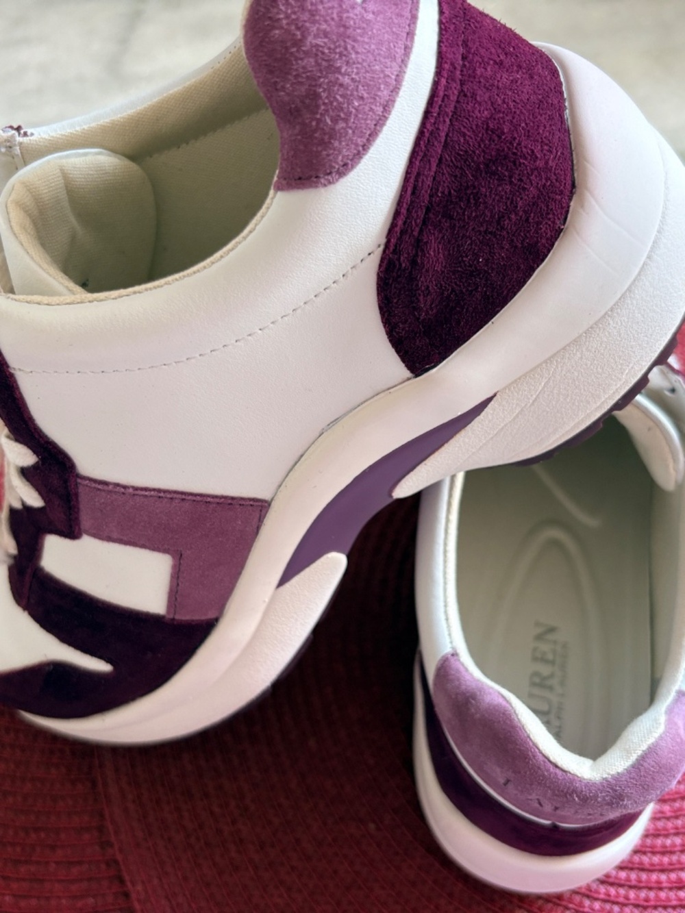 LAUREN Ralph Lauren White/Bordo leather and Suede Sneakers.